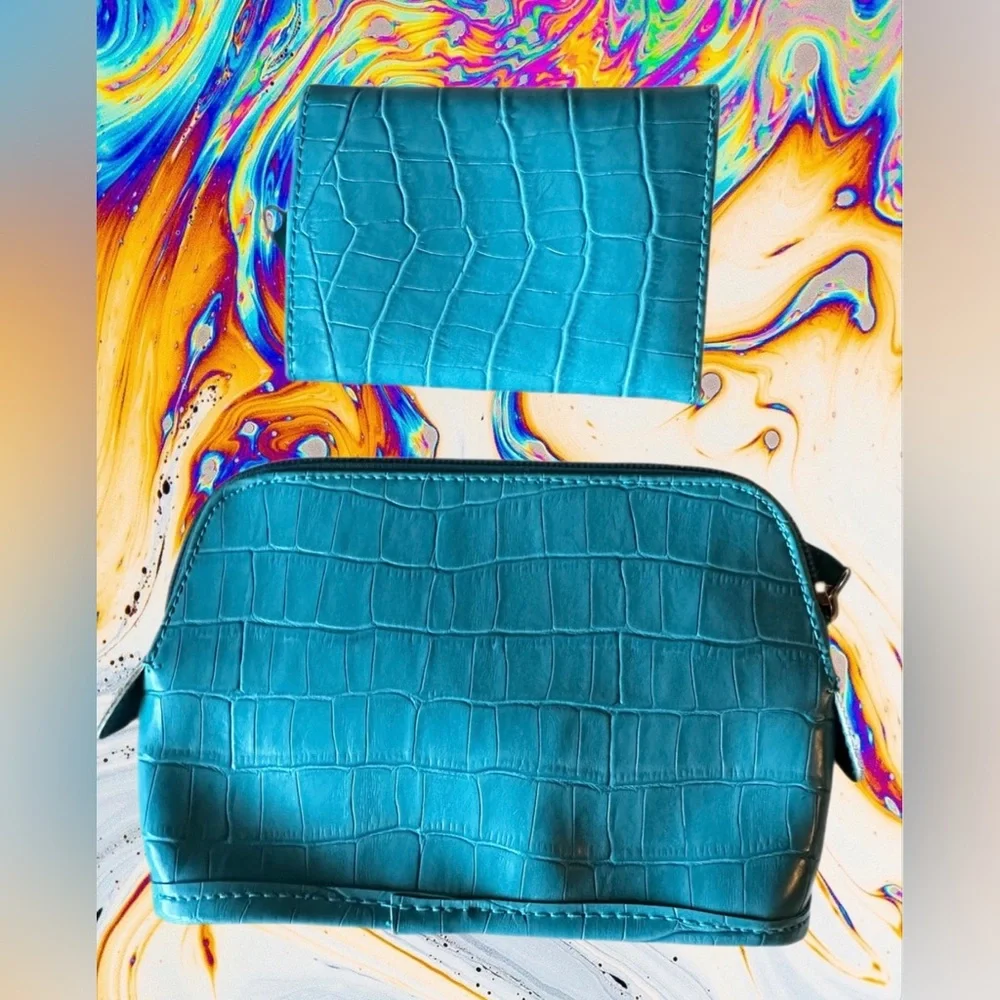 Bijoux Terner Turquoise Faux Croc Embossed Leather Cosmetic Bag & Wallet Set